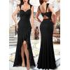 imageVFSHOW Womens Glitter Sweetheart V Neck Twist Front Backless Ruched Ruffle Slit Formal Evening Gown Maxi DressBlack Floral Lace