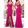 imageVFSHOW Womens Glitter Sweetheart V Neck Twist Front Backless Ruched Ruffle Slit Formal Evening Gown Maxi DressHot Pink Floral Lace