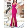 imageVFSHOW Womens Glitter Sweetheart V Neck Twist Front Backless Ruched Ruffle Slit Formal Evening Gown Maxi DressHot Pink Floral Lace
