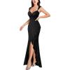 imageVFSHOW Womens Glitter Sweetheart V Neck Twist Front Backless Ruched Ruffle Slit Formal Evening Gown Maxi DressBlack Floral Lace