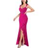imageVFSHOW Womens Glitter Sweetheart V Neck Twist Front Backless Ruched Ruffle Slit Formal Evening Gown Maxi DressHot Pink Floral Lace