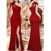 imageVFSHOW Womens 3D Flower One Shoulder Ruched Prom Formal Wedding Guest Maxi Dress 2023 Sexy Cocktail Split Cutout Evening GownSparkly Reda