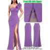 imageVFSHOW Womens Ruffle One Shoulder Strap Ruched Formal Prom Wedding Maxi Dress V Neck Elegant Split Cocktail Evening Long GownSolid Purple