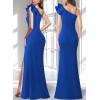 imageVFSHOW Womens Ruffle One Shoulder Strap Ruched Formal Prom Wedding Maxi Dress V Neck Elegant Split Cocktail Evening Long GownSolid Royal Blue