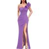 imageVFSHOW Womens Ruffle One Shoulder Strap Ruched Formal Prom Wedding Maxi Dress V Neck Elegant Split Cocktail Evening Long GownSolid Purple