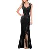 imageVFSHOW Womens V Halter Neck Celebrity Ruffle High Split Formal Evening Gown Wedding Prom Maxi DressBlack Satin  Floral Embroideryb
