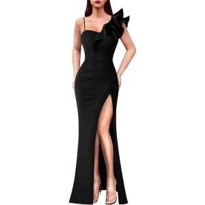 imageVFSHOW Womens Ruffle One Shoulder Strap Ruched Formal Prom Wedding Maxi Dress V Neck Elegant Split Cocktail Evening Long GownSolid Black
