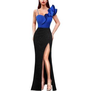 imageVFSHOW Womens Ruffle One Shoulder Strap Ruched Formal Prom Wedding Maxi Dress V Neck Elegant Split Cocktail Evening Long GownSparkly Royal Blue and Black