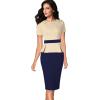 imageVFSHOW Womens Pleated Crew Neck Peplum Work Business Office Church Bodycon Pencil Sheath DressBeige and Dark Blue