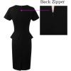 imageVFSHOW Womens Pleated Crew Neck Peplum Work Business Office Church Bodycon Pencil Sheath DressBlack