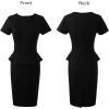 imageVFSHOW Womens Pleated Crew Neck Peplum Work Business Office Church Bodycon Pencil Sheath DressBlack