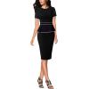 imageVFSHOW Womens Pleated Crew Neck Peplum Work Business Office Church Bodycon Pencil Sheath DressBlack With White Piping