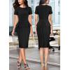 imageVFSHOW Womens Pleated Crew Neck Peplum Work Business Office Church Bodycon Pencil Sheath DressBlackwhite Stripes