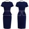imageVFSHOW Womens Pleated Crew Neck Peplum Work Business Office Church Bodycon Pencil Sheath DressNavy Blue With White Piping