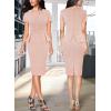 imageVFSHOW Womens Pleated Crew Neck Peplum Work Business Office Church Bodycon Pencil Sheath DressPink Tweed