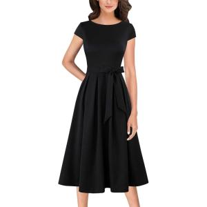 imageVFSHOW Womens Elegant Patchwork Pockets Belted Pleated Work Office Business Casual Party ALine Midi DressBlack