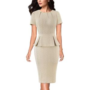 imageVFSHOW Womens Pleated Crew Neck Peplum Work Business Office Church Bodycon Pencil Sheath DressBeige Knit