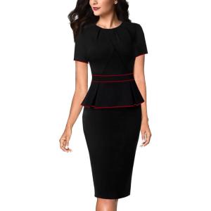 imageVFSHOW Womens Pleated Crew Neck Peplum Work Business Office Church Bodycon Pencil Sheath DressBlack With Red Piping