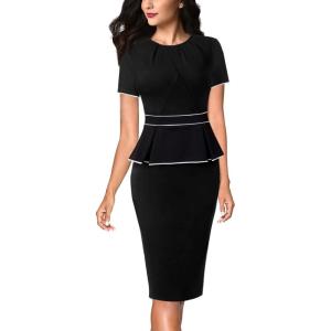 imageVFSHOW Womens Pleated Crew Neck Peplum Work Business Office Church Bodycon Pencil Sheath DressBlack With White Piping
