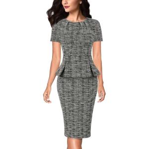 imageVFSHOW Womens Pleated Crew Neck Peplum Work Business Office Church Bodycon Pencil Sheath DressBlack and White Tweed