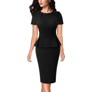 imageVFSHOW Womens Pleated Crew Neck Peplum Work Business Office Church Bodycon Pencil Sheath DressBlackpolyester