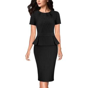 imageVFSHOW Womens Pleated Crew Neck Peplum Work Business Office Church Bodycon Pencil Sheath DressBlackwhite Stripes