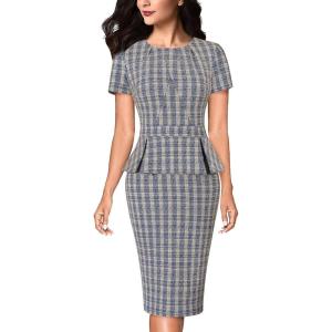 imageVFSHOW Womens Pleated Crew Neck Peplum Work Business Office Church Bodycon Pencil Sheath DressBlue Plaid Tweed