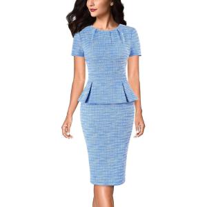 imageVFSHOW Womens Pleated Crew Neck Peplum Work Business Office Church Bodycon Pencil Sheath DressBlue Tweed