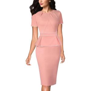 imageVFSHOW Womens Pleated Crew Neck Peplum Work Business Office Church Bodycon Pencil Sheath DressPeach Pink With White Piping