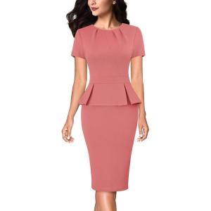 imageVFSHOW Womens Pleated Crew Neck Peplum Work Business Office Church Bodycon Pencil Sheath DressPink