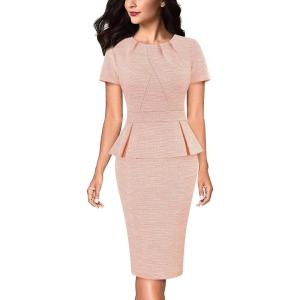 imageVFSHOW Womens Pleated Crew Neck Peplum Work Business Office Church Bodycon Pencil Sheath DressPink Tweed