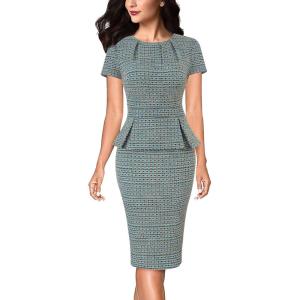 imageVFSHOW Womens Pleated Crew Neck Peplum Work Business Office Church Bodycon Pencil Sheath DressTeal Green Plaid Tweed