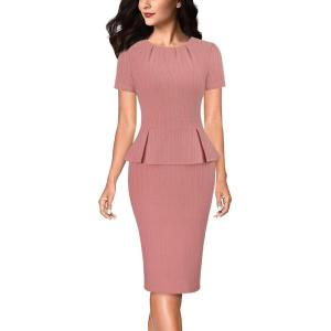 imageVFSHOW Womens Pleated Crew Neck Peplum Work Business Office Church Bodycon Pencil Sheath DressTextured Pink