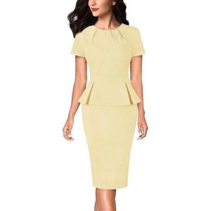 imageVFSHOW Womens Pleated Crew Neck Peplum Work Business Office Church Bodycon Pencil Sheath DressTextured Yellow
