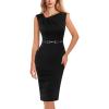 imageVFSHOW Womens Cocktail Business Casual Pleated Asymmetric Neck Buttons Belted Work Office Church Pencil Sheath DressBlack