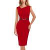 imageVFSHOW Womens Cocktail Business Casual Pleated Asymmetric Neck Buttons Belted Work Office Church Pencil Sheath DressRed