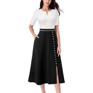 imageVFSHOW Women Pleated Notch V Neck Pockets Buttons Work Office Business ALine Midi DressOff Whiteblack
