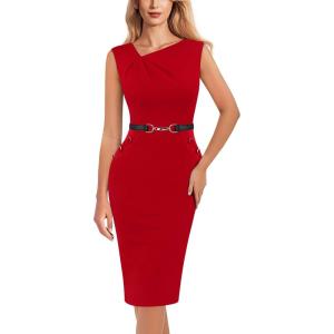 imageVFSHOW Womens Cocktail Business Casual Pleated Asymmetric Neck Buttons Belted Work Office Church Pencil Sheath DressRed
