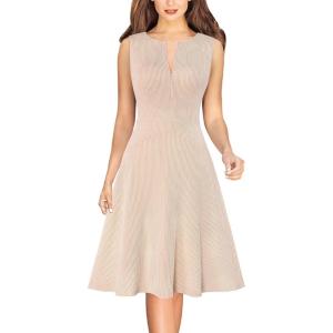 imageVFSHOW Womens Elegant Front Zipper Slim Work Business Office Party Cocktail Skater ALine DressApricot Knitcream Stripes