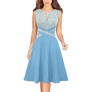 imageVFSHOW Womens Elegant Front Zipper Slim Work Business Office Party Cocktail Skater ALine DressBlueoff White Tweed and Light Blue