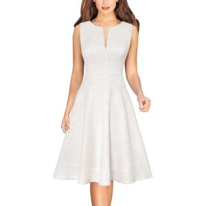 imageVFSHOW Womens Elegant Front Zipper Slim Work Business Office Party Cocktail Skater ALine DressOff White Tweed