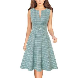 imageVFSHOW Womens Elegant Front Zipper Slim Work Business Office Party Cocktail Skater ALine DressTeal Green Tweed