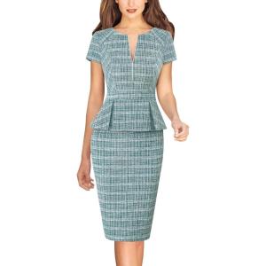 imageVFSHOW Womens Work Business Office Front Zipper Peplum Professional Church Pencil Sheath DressBteal Green Tweed