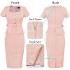 imageVFSHOW Womens 2024 Business Work Office Square Neck Belted Peplum Buttons Slim Bodycon Sheath DressPink Tweed