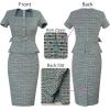 imageVFSHOW Womens 2024 Business Work Office Square Neck Belted Peplum Buttons Slim Bodycon Sheath DressTeal Green Plaid Tweed
