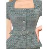 imageVFSHOW Womens 2024 Business Work Office Square Neck Belted Peplum Buttons Slim Bodycon Sheath DressTeal Green Plaid Tweed
