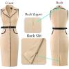 imageVFSHOW Womens Professional Work Business Casual Office Belted Elegant Lapel V Neck Buttons Fitted Pencil Sheath DressBeige and Black Piping
