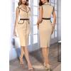 imageVFSHOW Womens Professional Work Business Casual Office Belted Elegant Lapel V Neck Buttons Fitted Pencil Sheath DressBeige and Black Piping