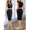 imageVFSHOW Womens Professional Work Business Casual Office Belted Elegant Lapel V Neck Buttons Fitted Pencil Sheath DressBlack and White Piping