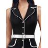 imageVFSHOW Womens Professional Work Business Casual Office Belted Elegant Lapel V Neck Buttons Fitted Pencil Sheath DressBlack and White Piping